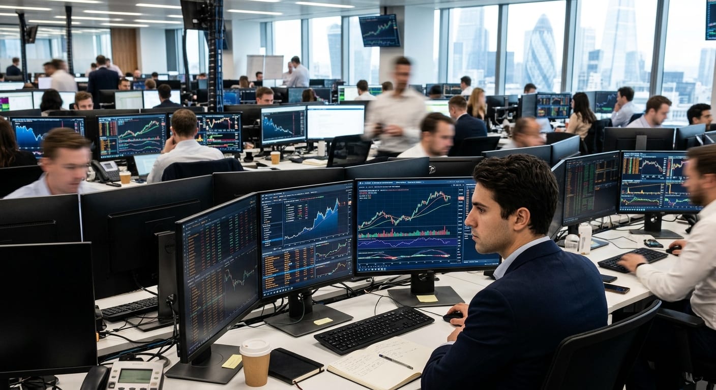 Salle de marchés financiers moderne et graphiques boursiers analysant le secteur de l'intelligence artificielle