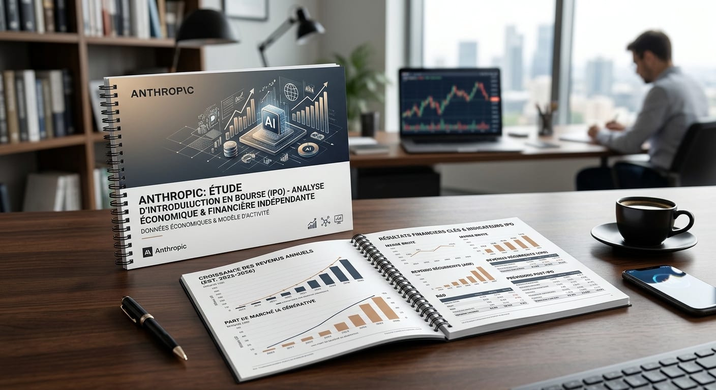 Dossier d'analyse financière relié présentant les données économiques d'une introduction en Bourse technologique